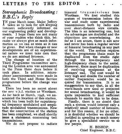 Letter about stereo from the BBC to Wireless World in 1950